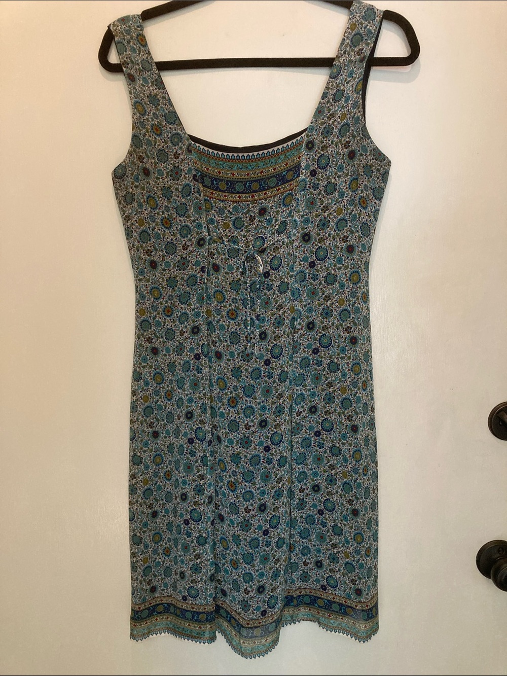 Sleeveless Teal Patterned Mini Dress with Scoop Neck